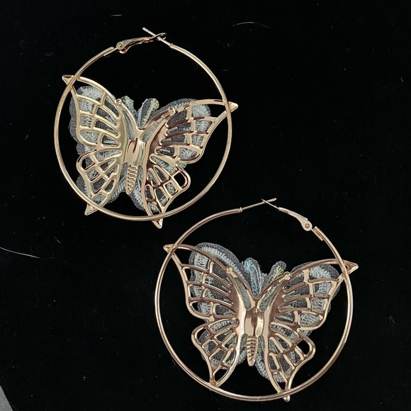 NWT Butterfly hoop earrings. 2.5”. Beautiful shimmer effect.  Goldtone - Picture 2 of 2